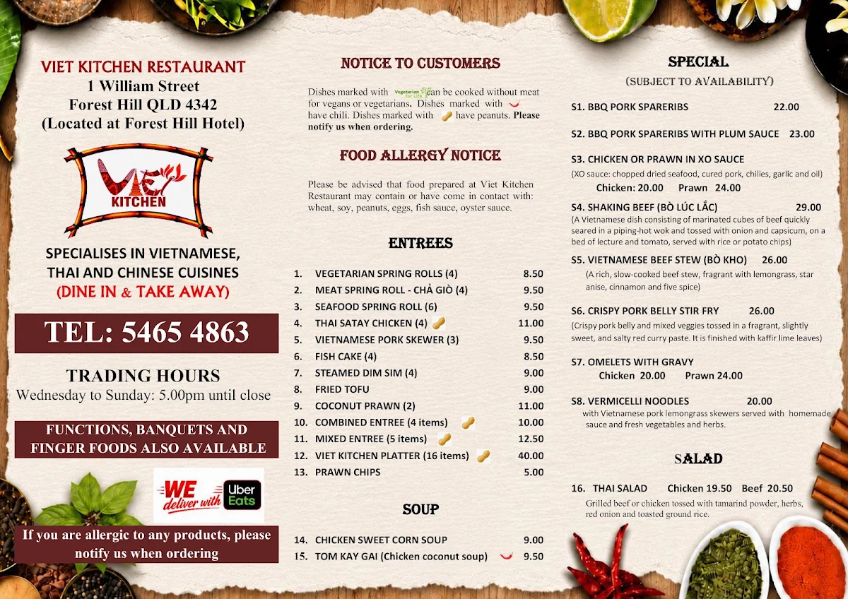 Menu, Viet Kitchen Restaurant