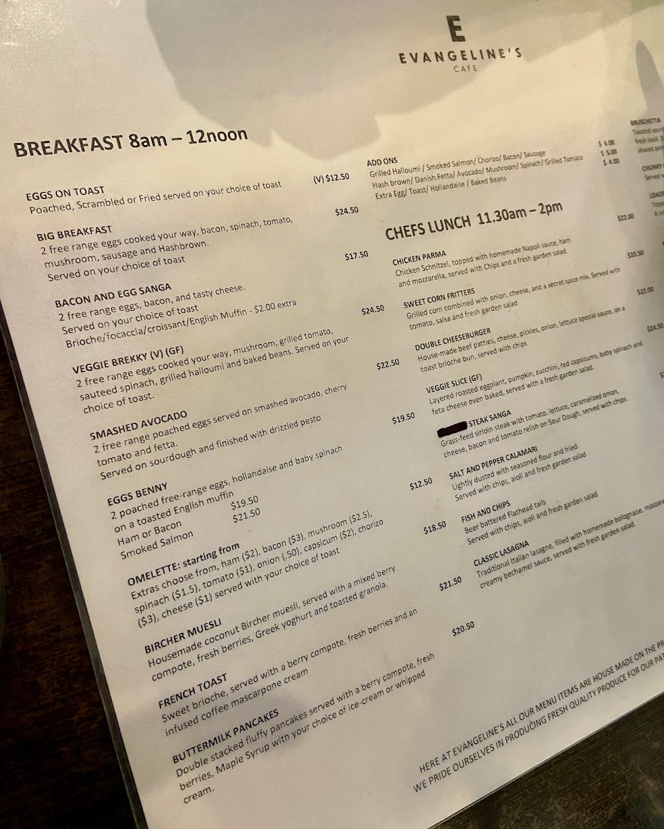 Menu, Evangeline's
