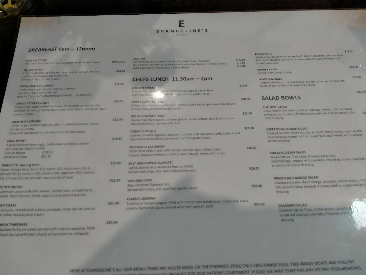 Menu, Evangeline's