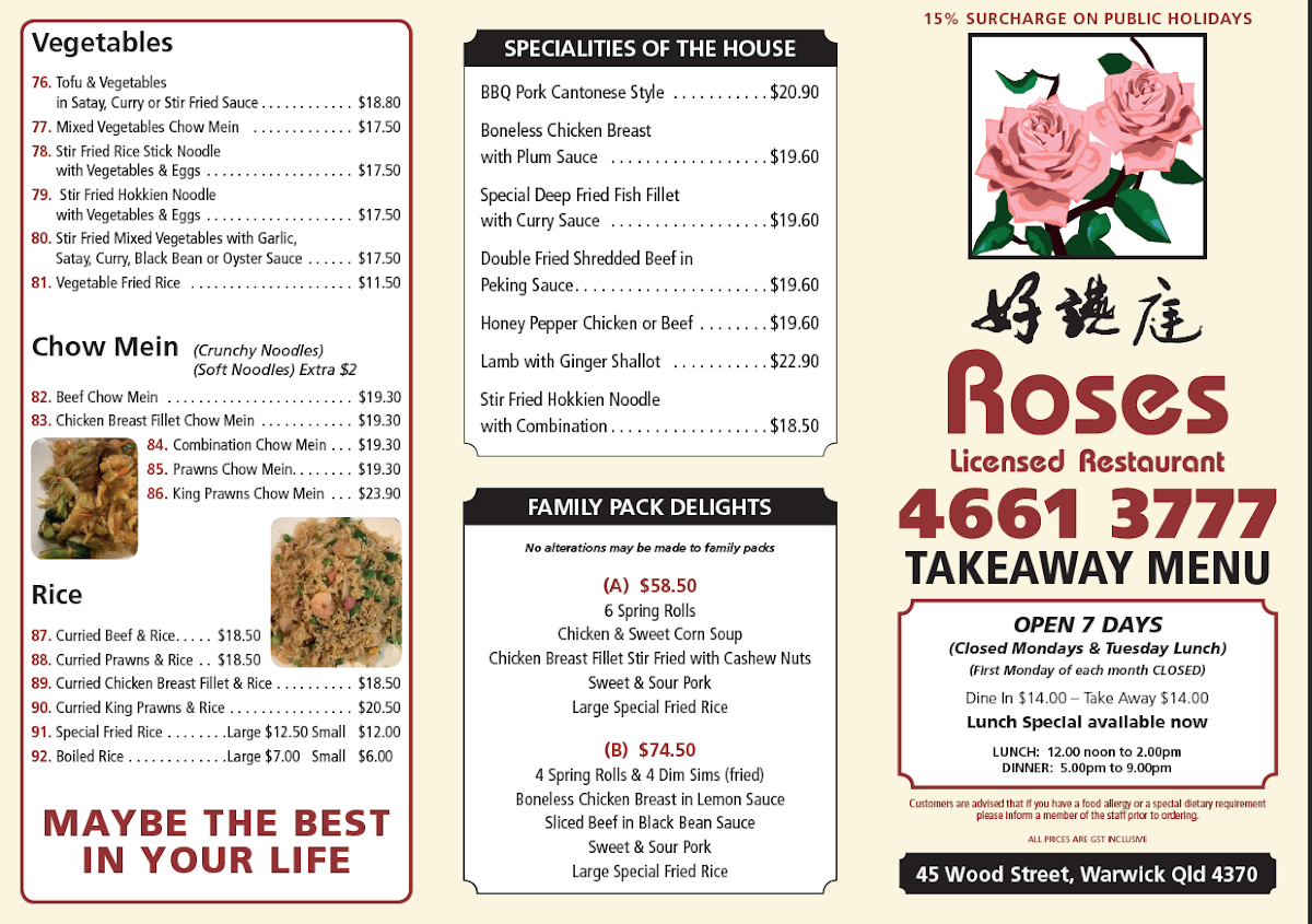 Menu, Roses Chinese Restaurant