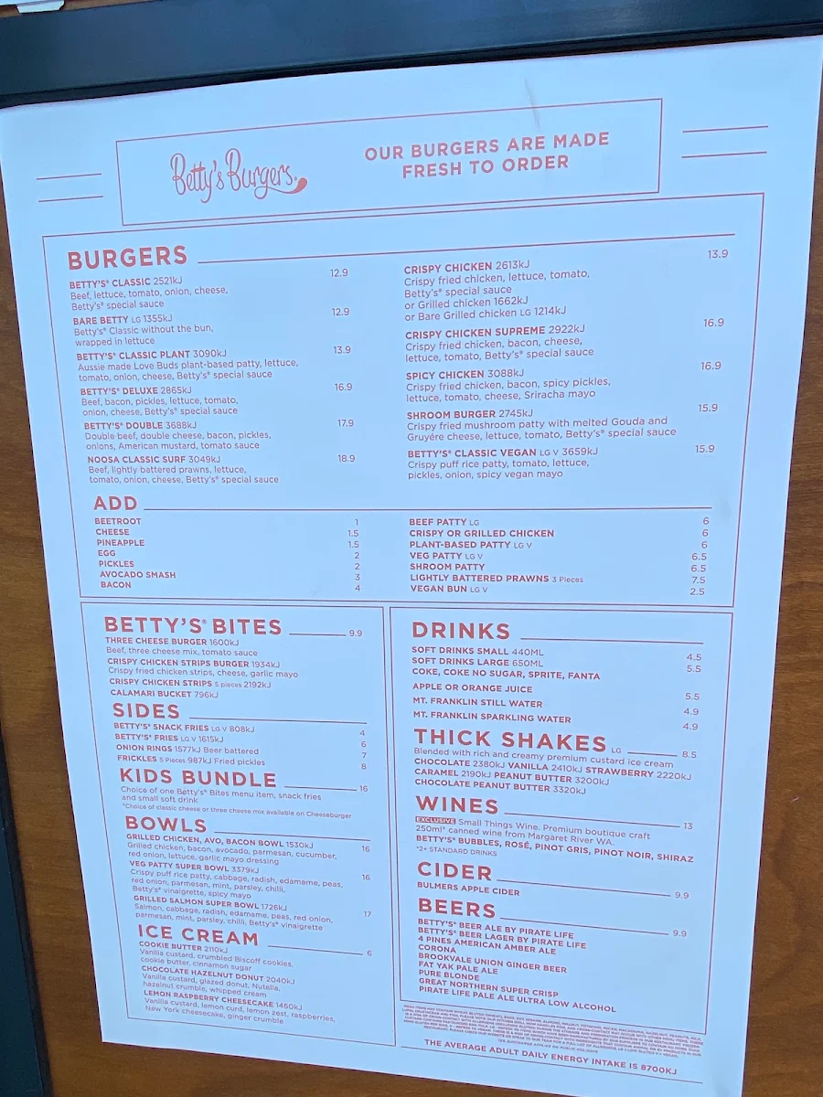 Menu, Betty's Burgers
