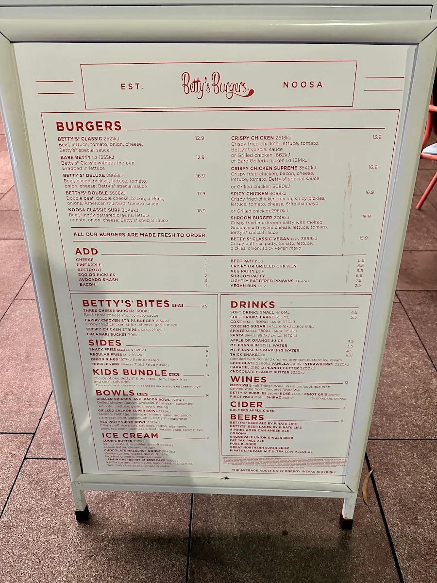 Menu, Betty's Burgers
