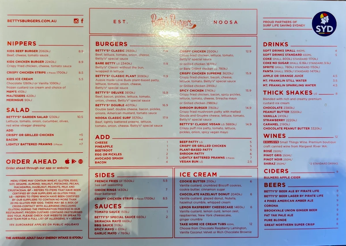Menu, Betty's Burgers