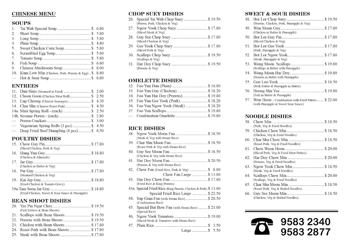Menu, Tai Wah Chinese Restaurant