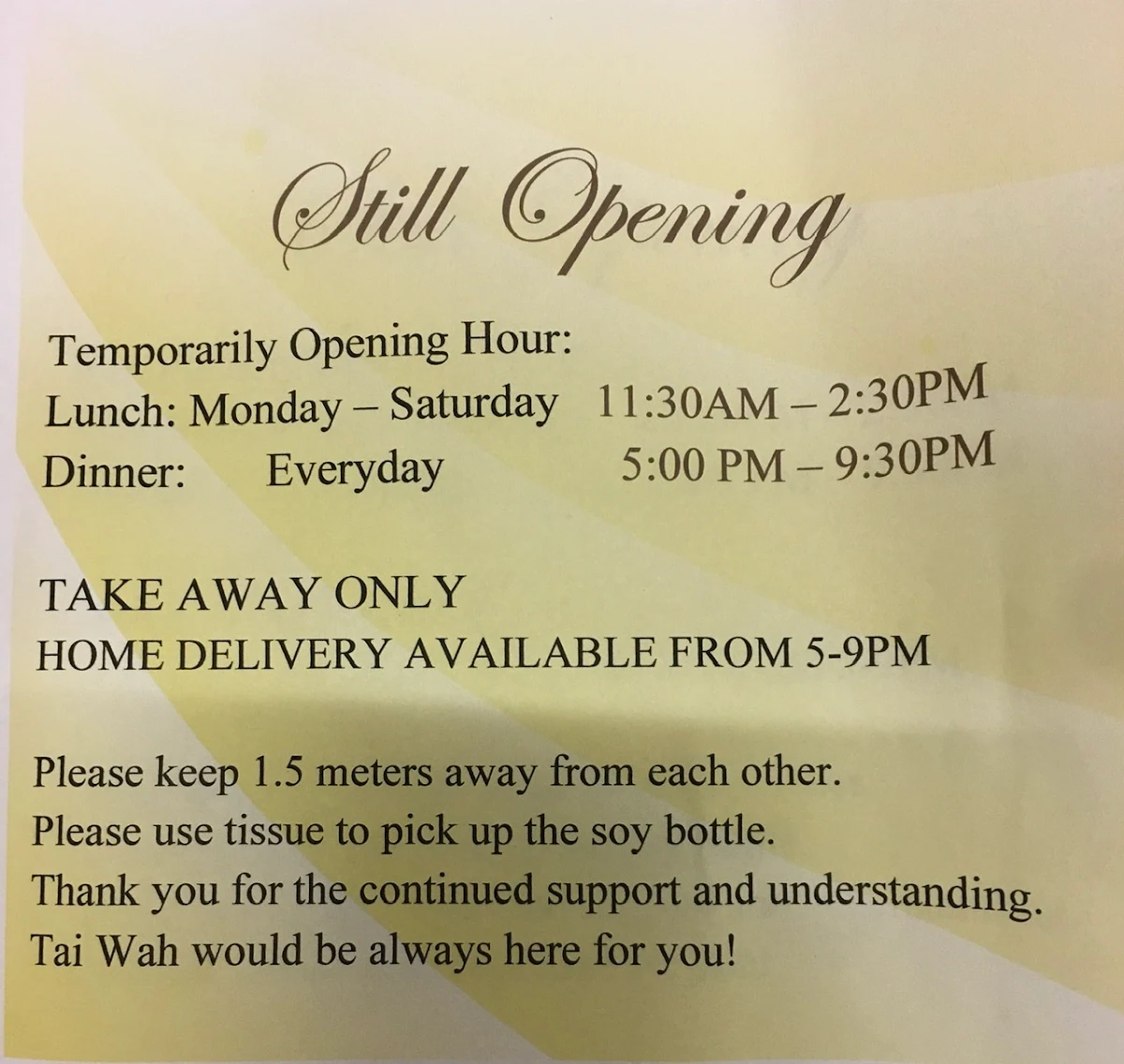 Menu, Tai Wah Chinese Restaurant