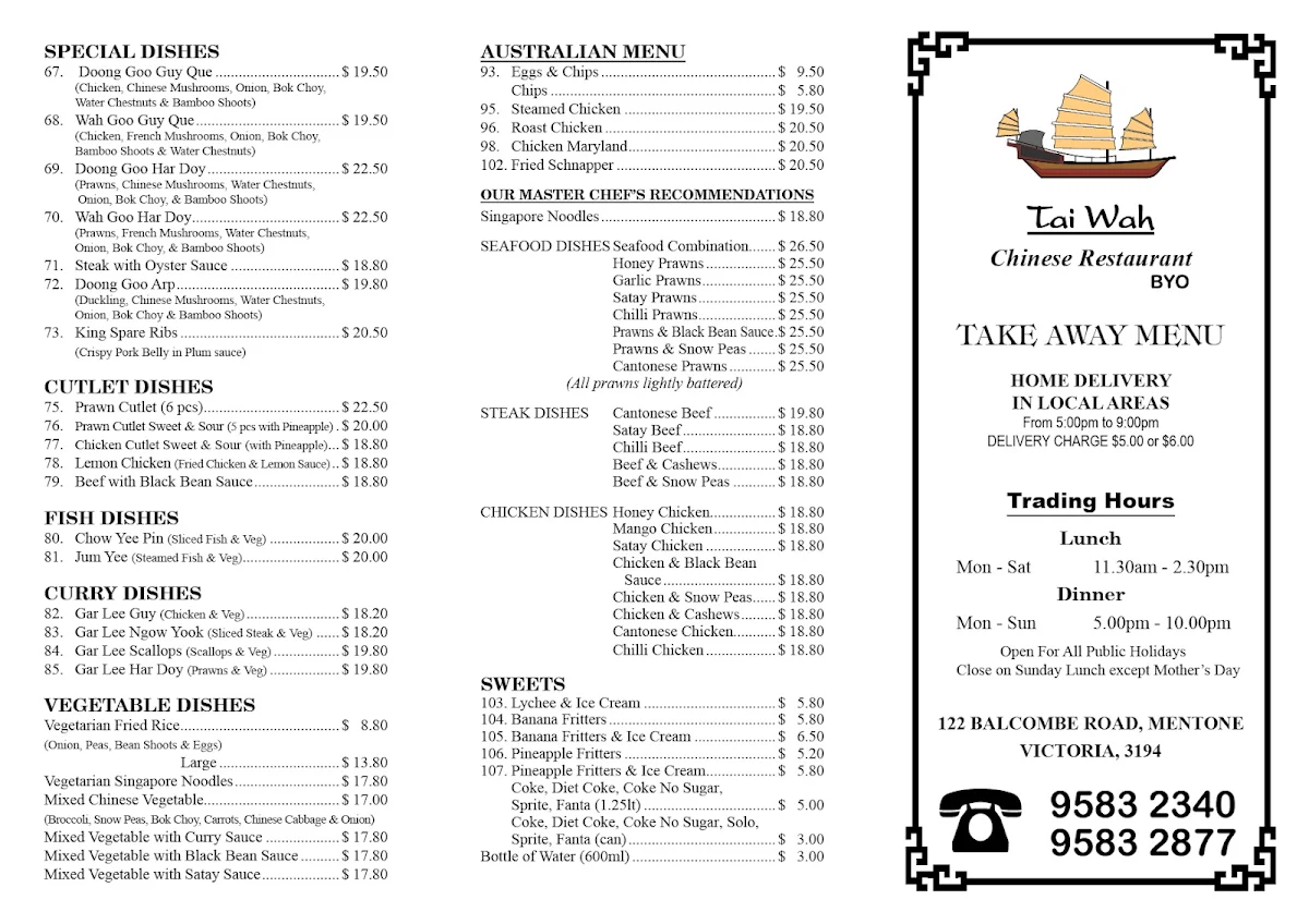 Menu, Tai Wah Chinese Restaurant