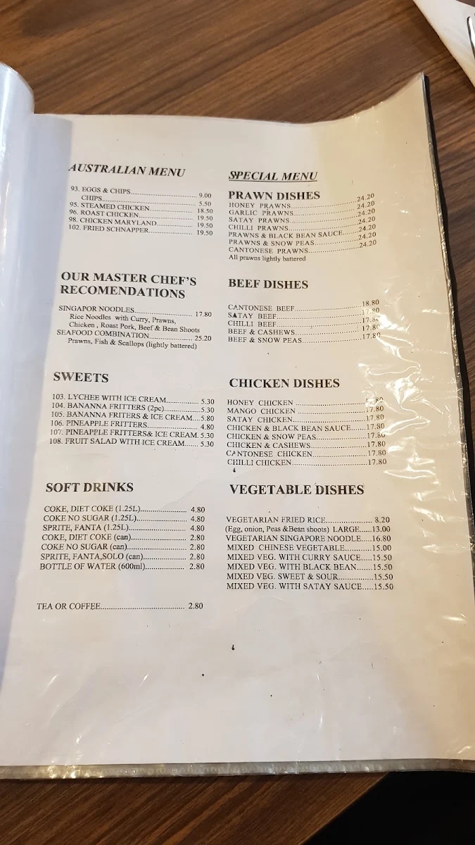 Menu, Tai Wah Chinese Restaurant