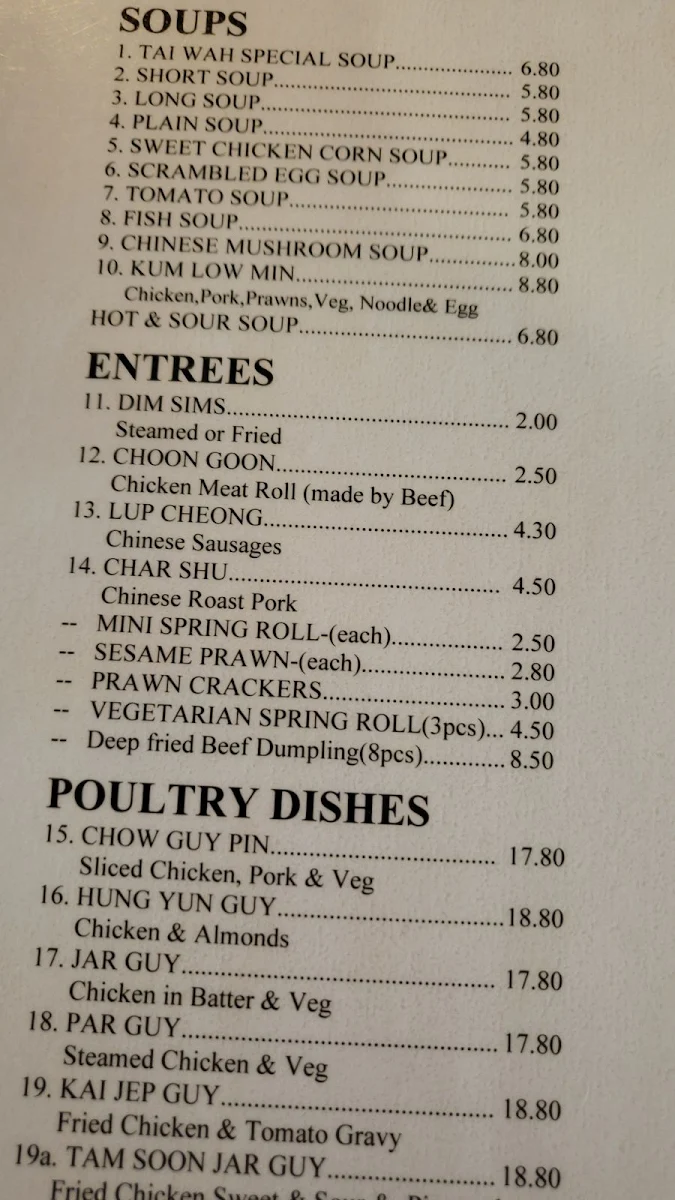 Menu, Tai Wah Chinese Restaurant