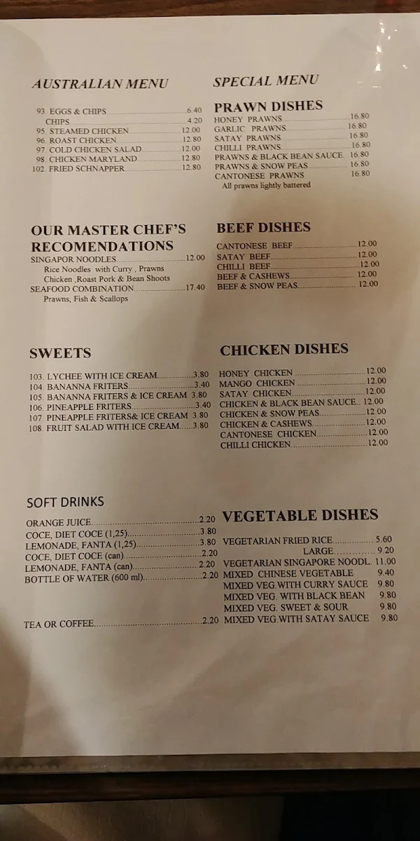 Menu, Tai Wah Chinese Restaurant