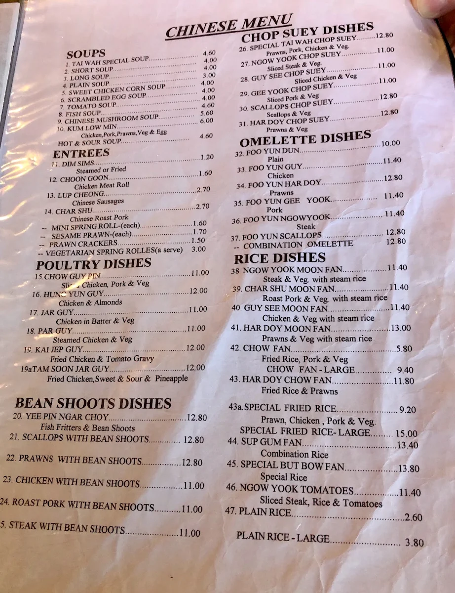 Menu, Tai Wah Chinese Restaurant