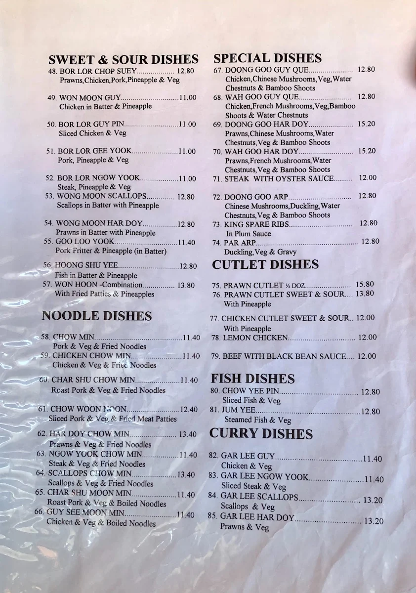 Menu, Tai Wah Chinese Restaurant