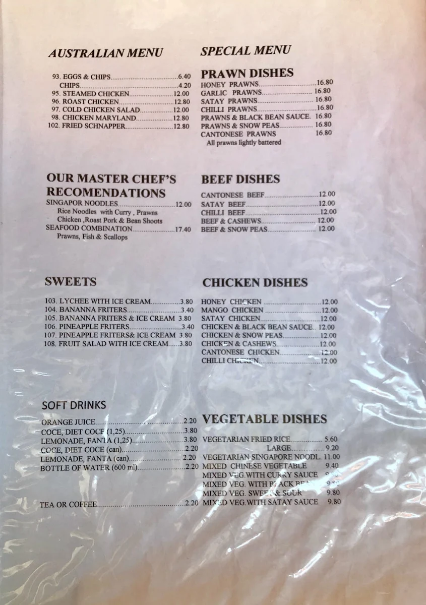 Menu, Tai Wah Chinese Restaurant