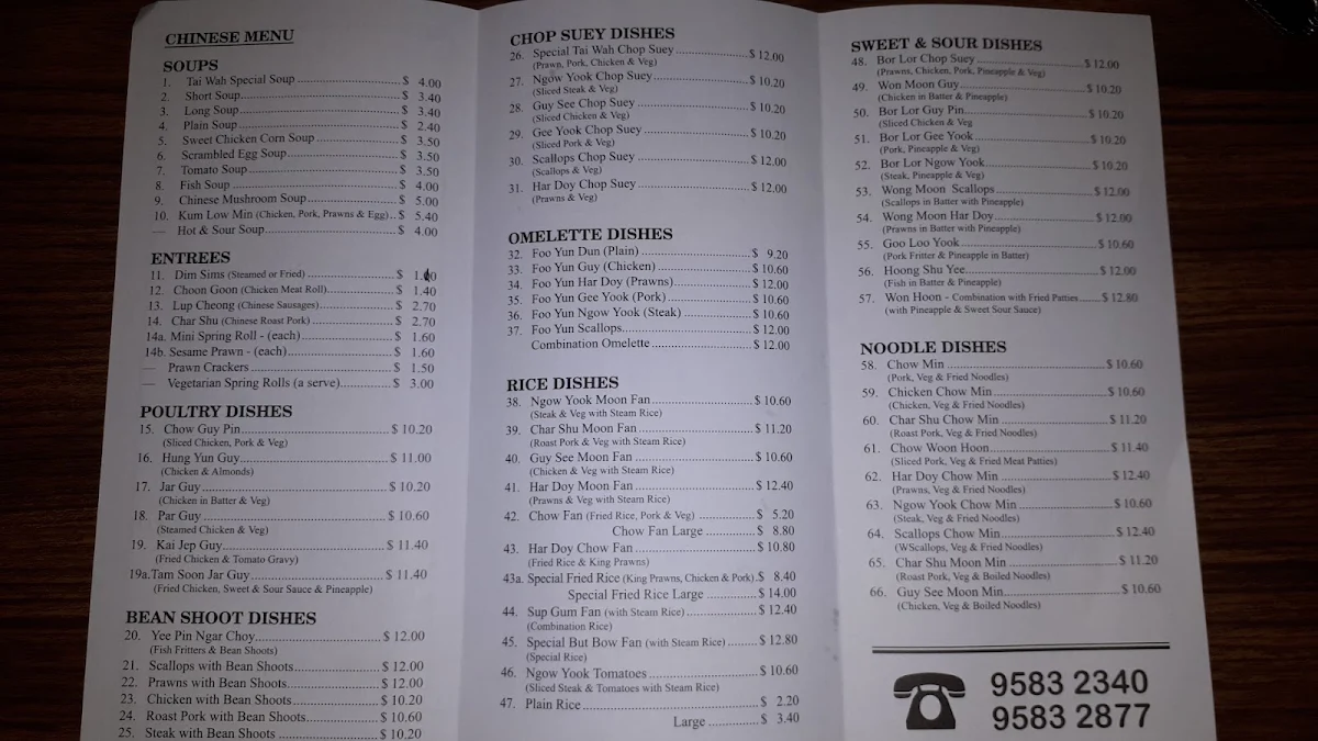 Menu, Tai Wah Chinese Restaurant