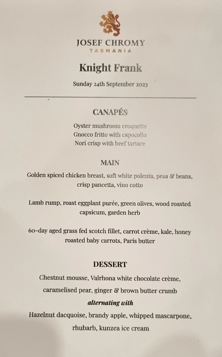 Menu, Josef Chromy Wines