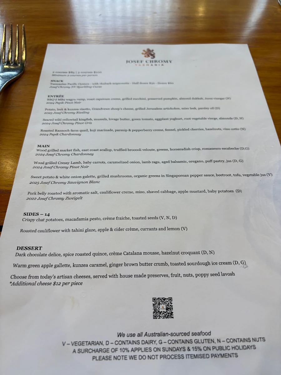 Menu, Josef Chromy Wines