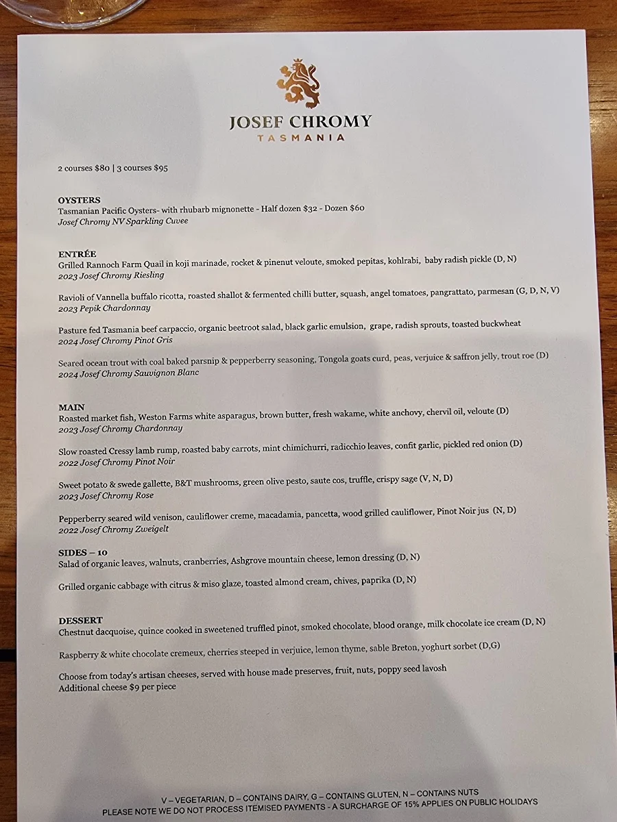 Menu, Josef Chromy Wines