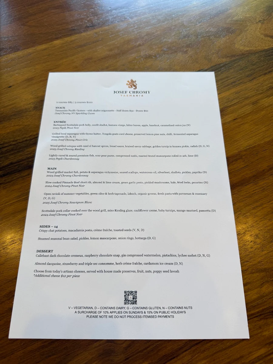 Menu, Josef Chromy Wines