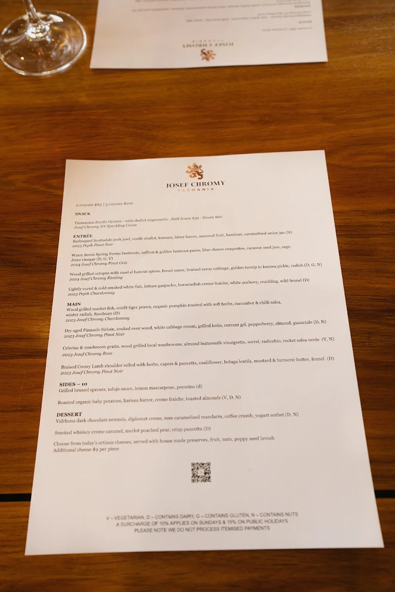 Menu, Josef Chromy Wines
