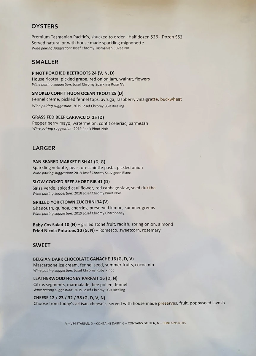 Menu, Josef Chromy Wines