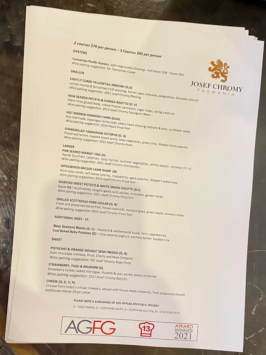 Menu, Josef Chromy Wines