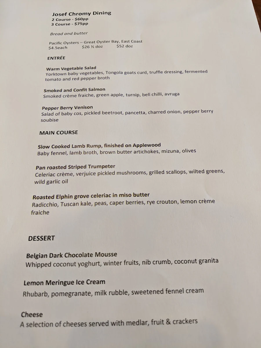 Menu, Josef Chromy Wines