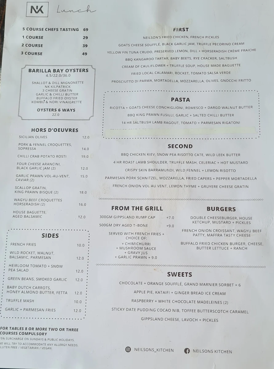 Menu, Neilsons Kitchen