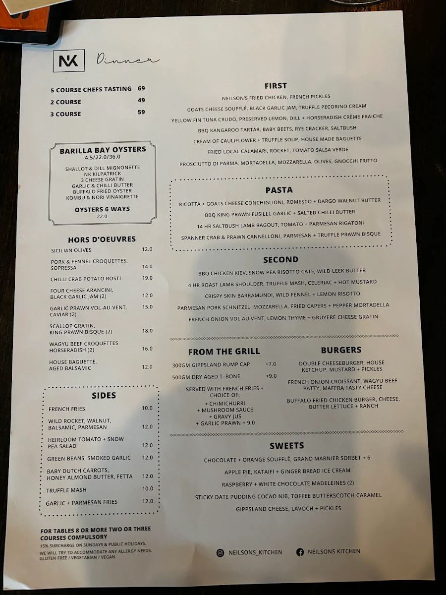 Menu, Neilsons Kitchen