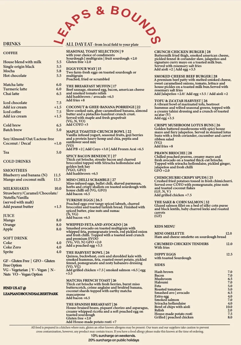 Menu, Leaps and Bounds Albert Park