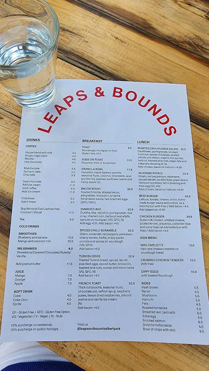Menu, Leaps and Bounds Albert Park