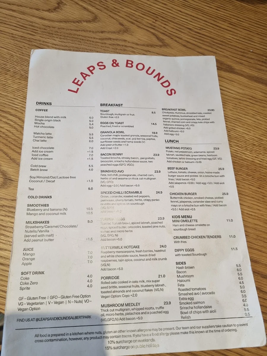 Menu, Leaps and Bounds Albert Park