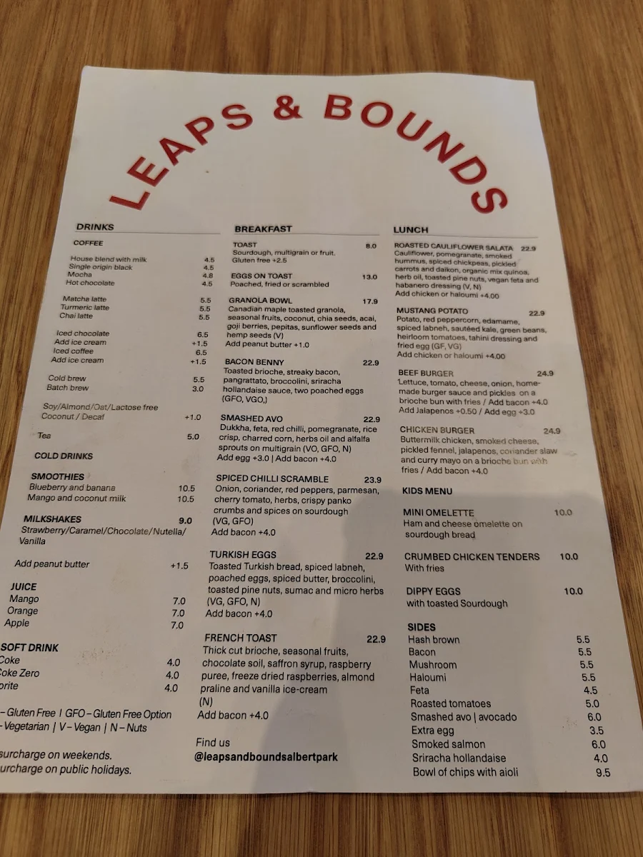 Menu, Leaps and Bounds Albert Park