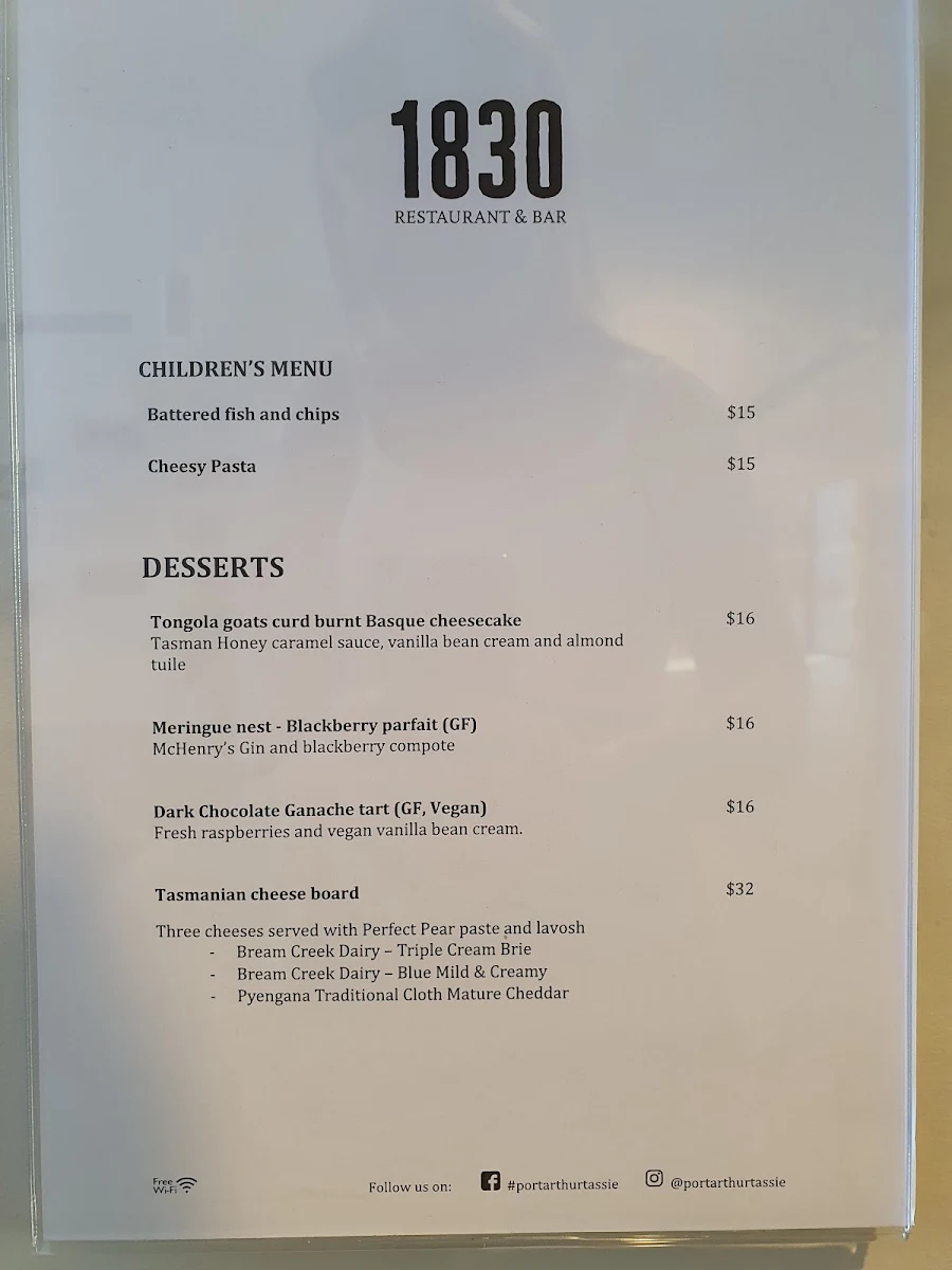 Menu, 1830 Restaurant and Bar, Port Arthur