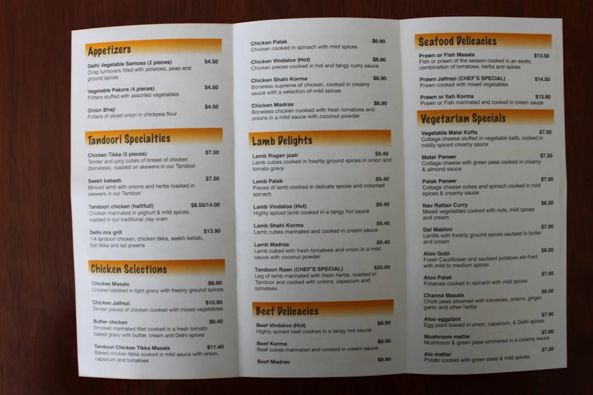 Menu, Delhi Spice Indian Restaurant