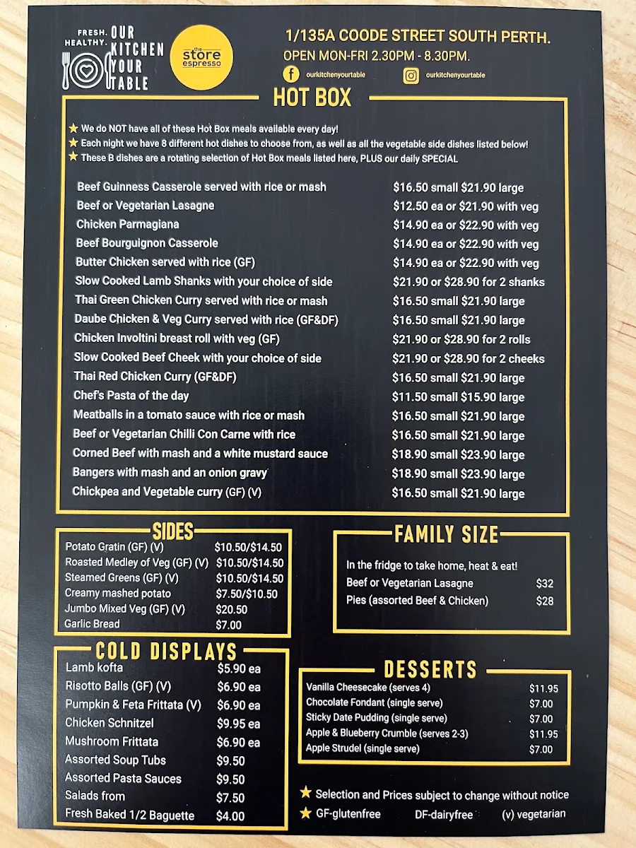 Menu, Our Kitchen Your Table