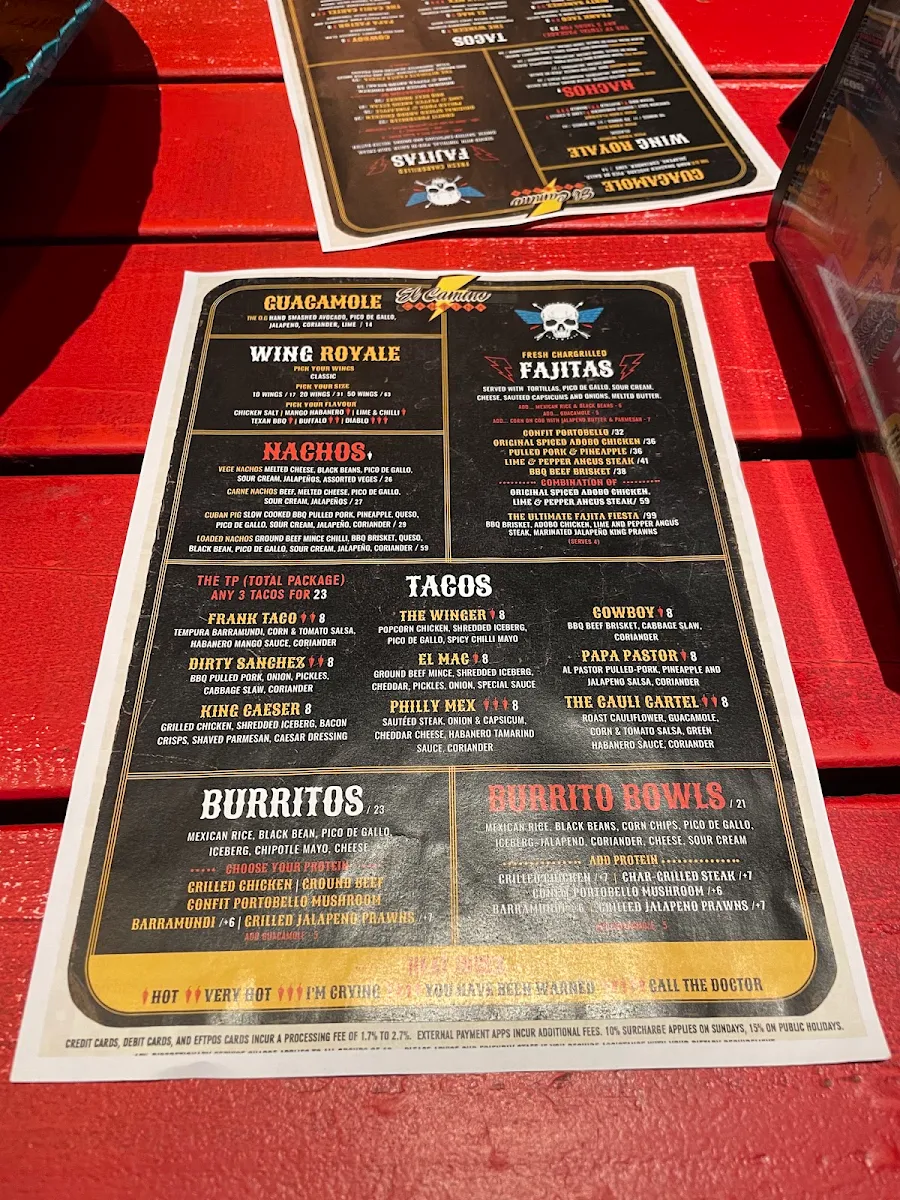 Menu, El Camino Cantina South Bank