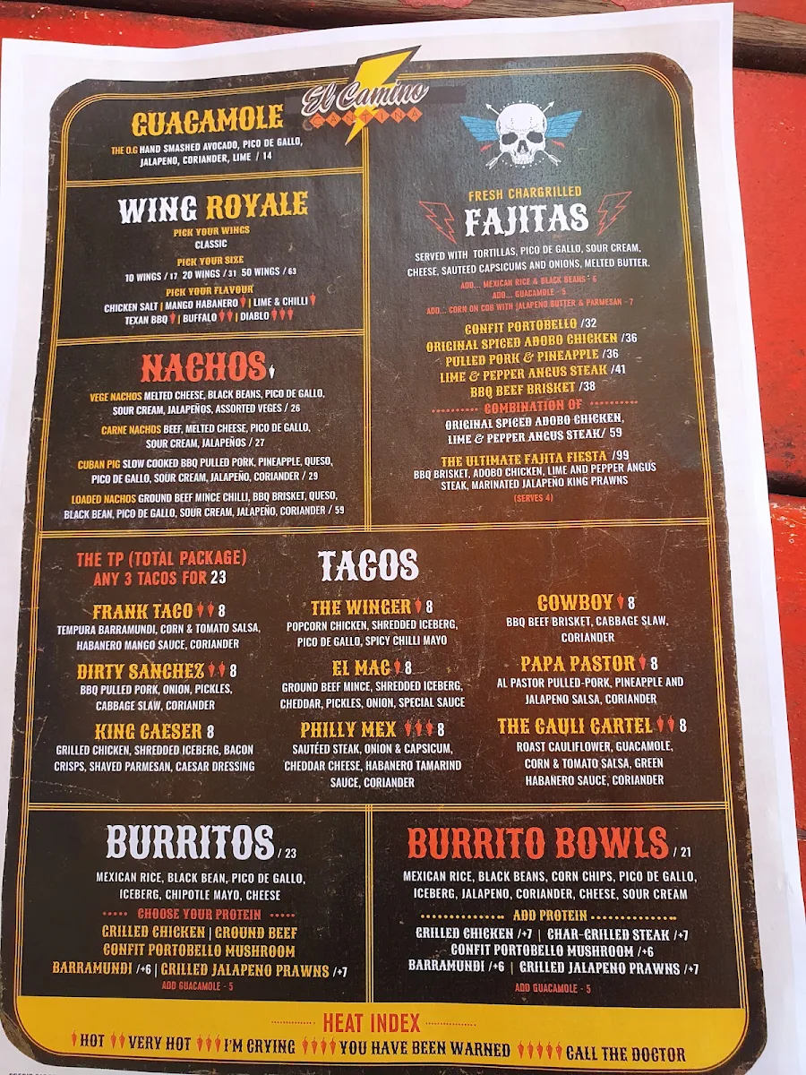 Menu, El Camino Cantina South Bank