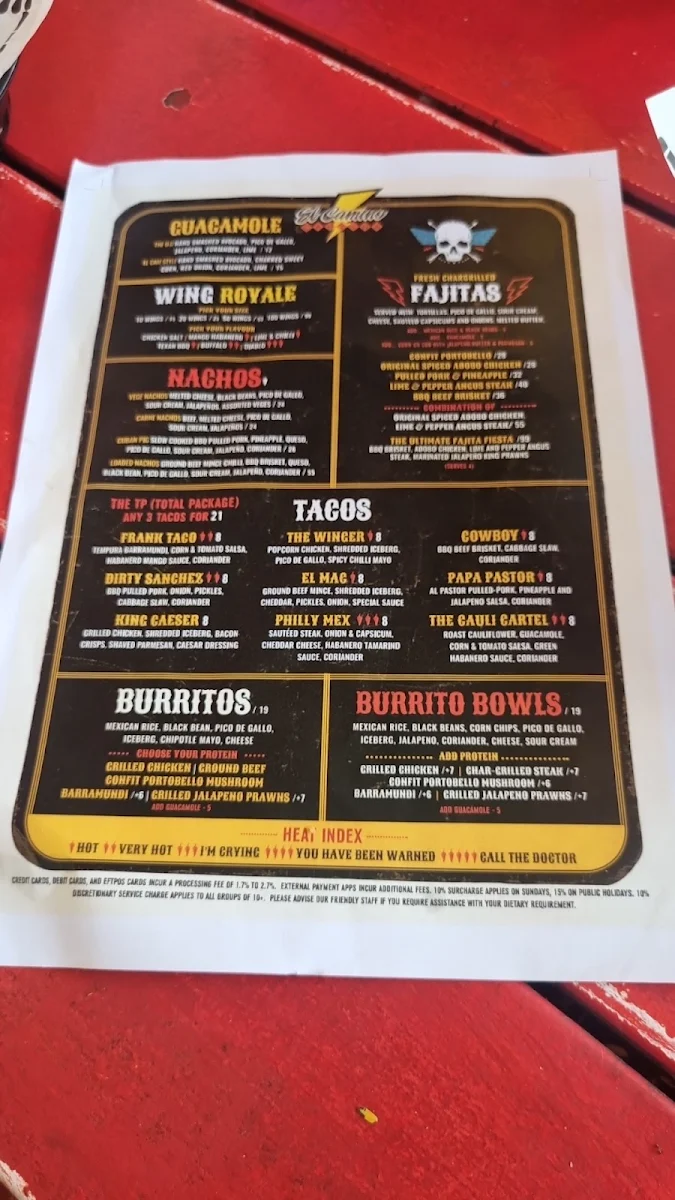 Menu, El Camino Cantina South Bank