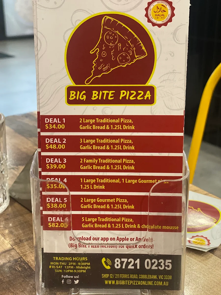 Menu, Big Bite Pizza - Cobblebank, Melton South