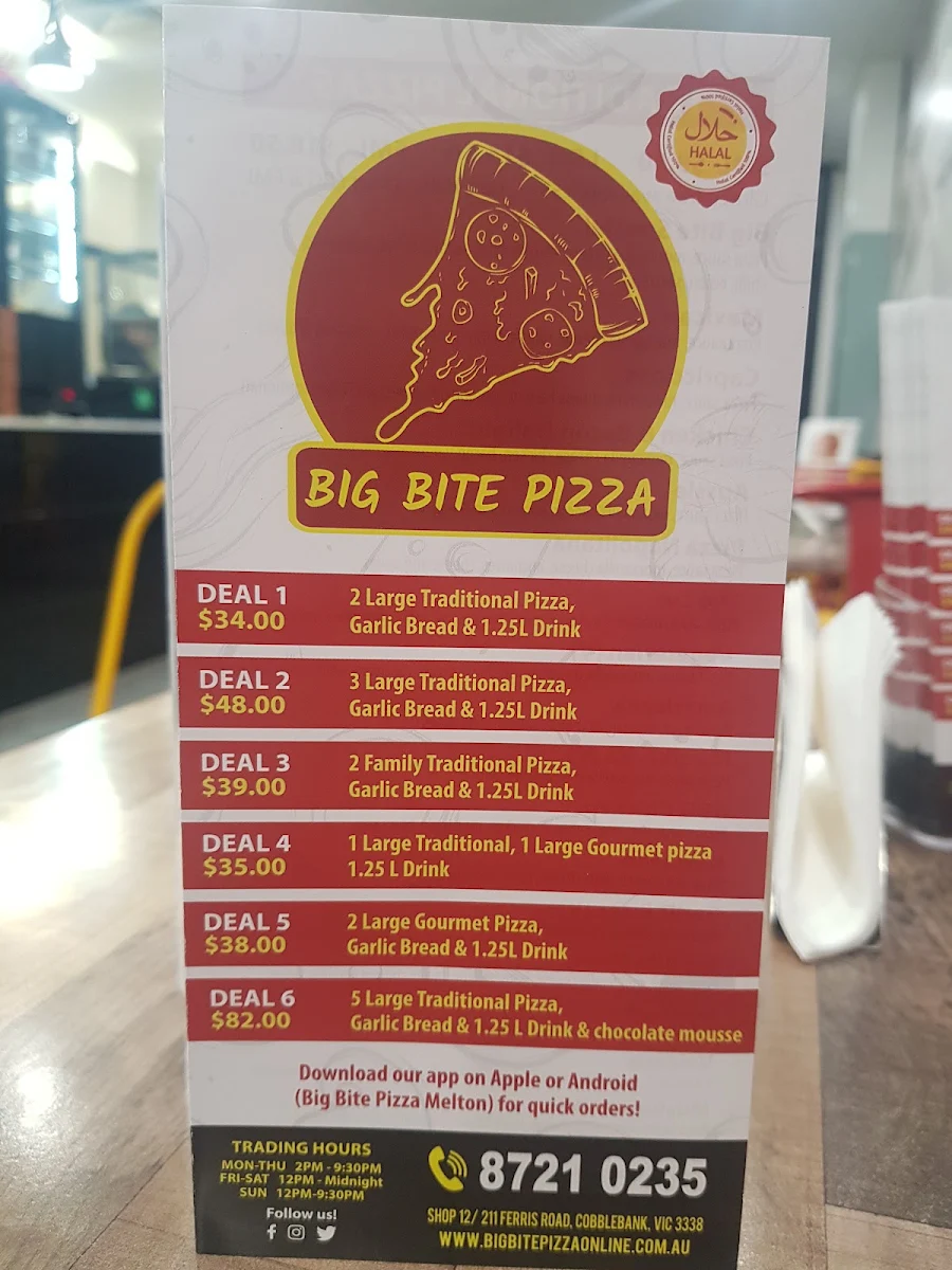 Menu, Big Bite Pizza - Cobblebank, Melton South