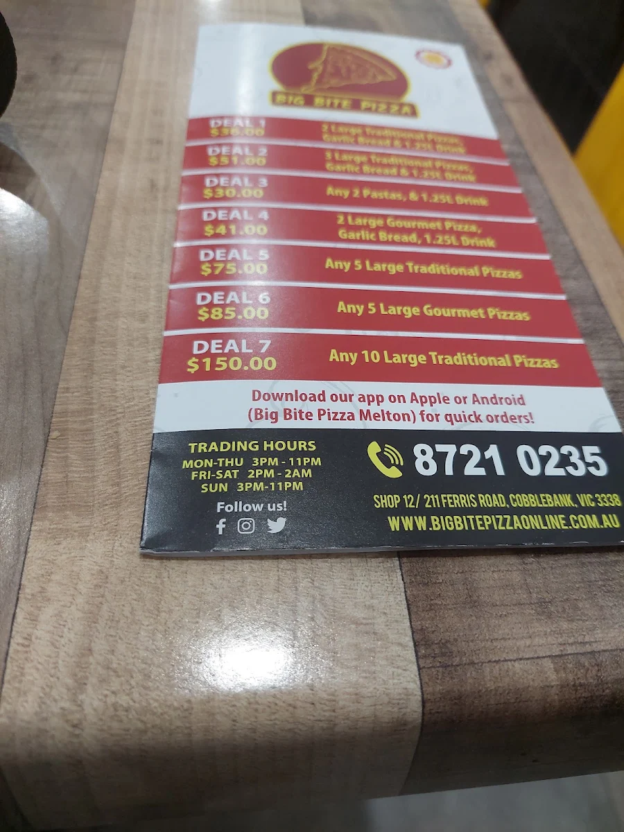 Menu, Big Bite Pizza - Cobblebank, Melton South