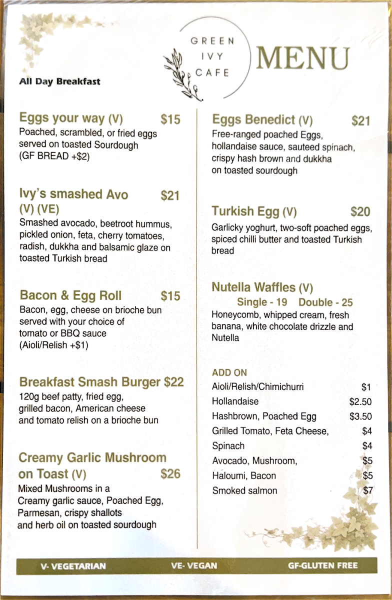 Menu, Green Ivy Cafe & Catering