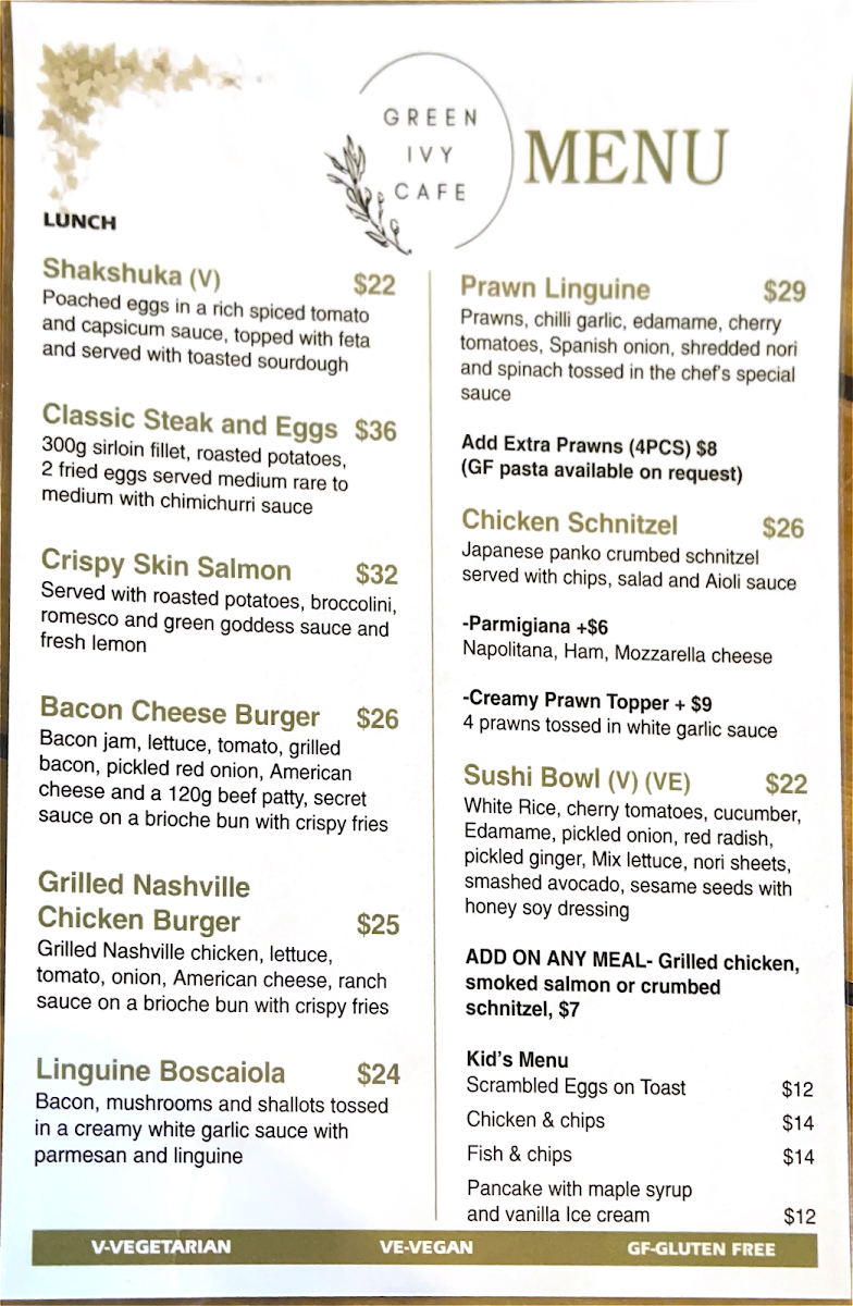 Menu, Green Ivy Cafe & Catering