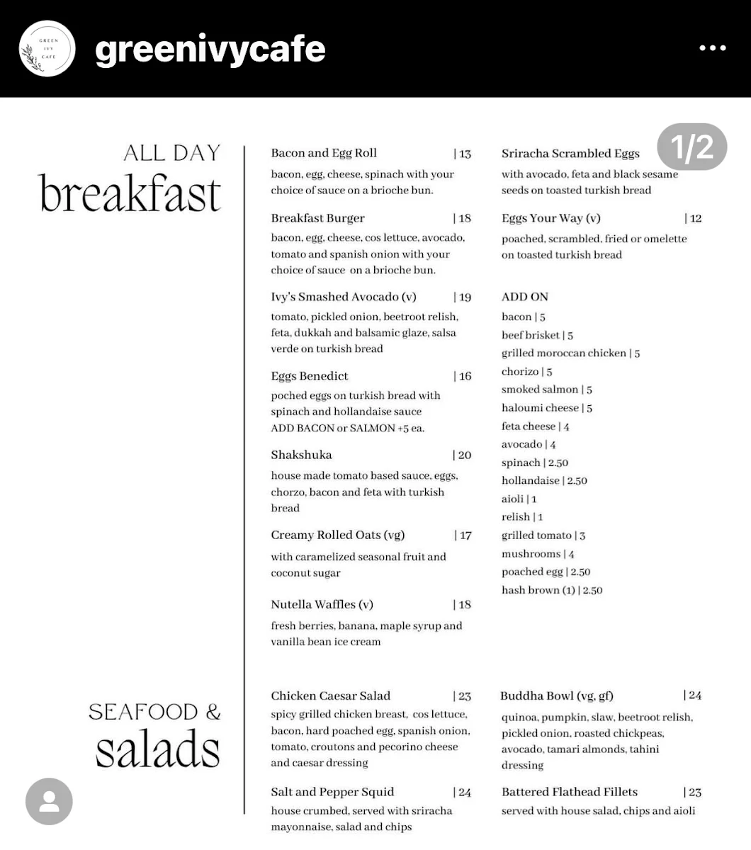 Menu, Green Ivy Cafe & Catering