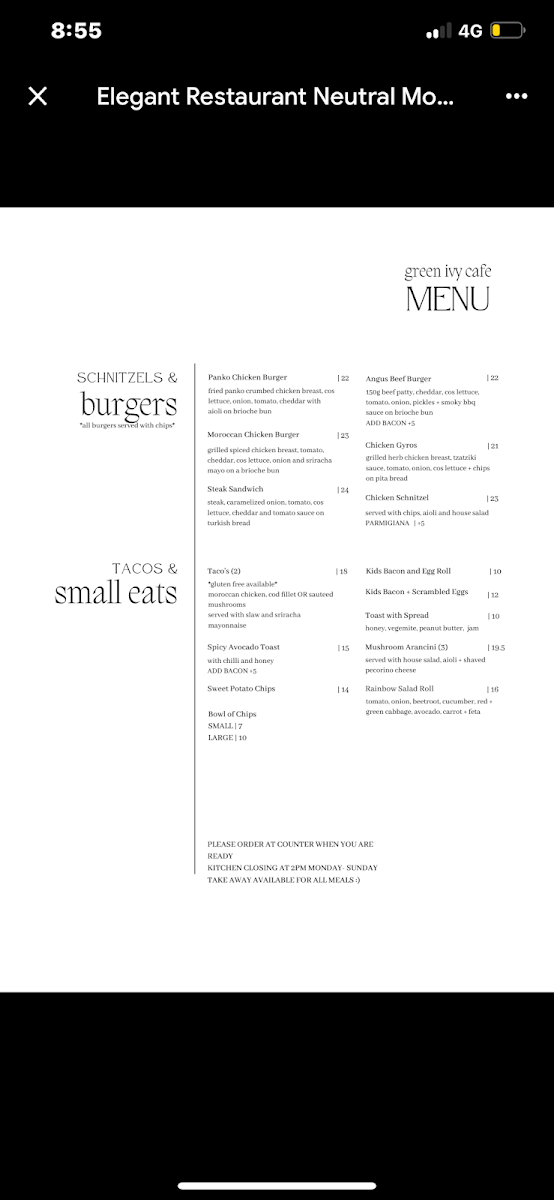 Menu, Green Ivy Cafe & Catering