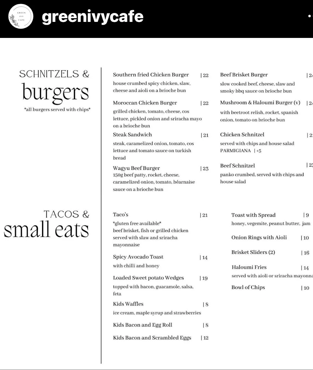 Menu, Green Ivy Cafe & Catering