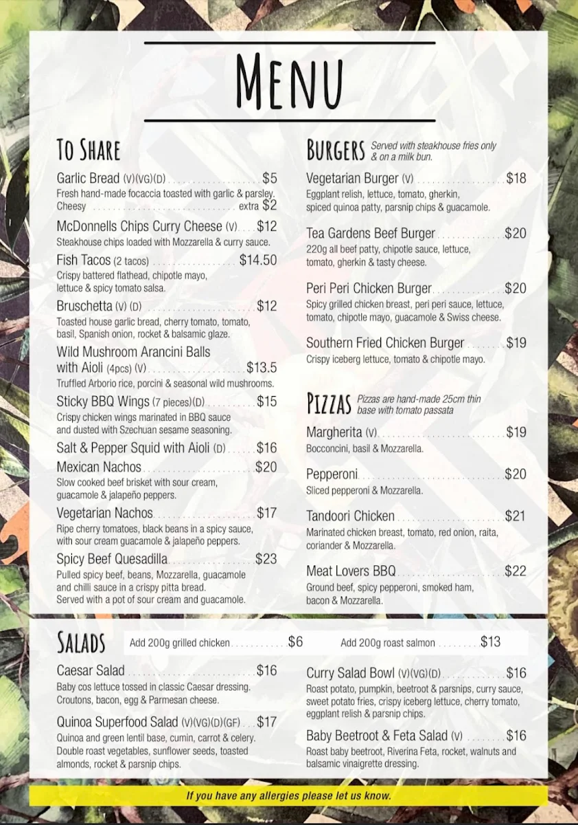 Menu, Tea Gardens Hotel