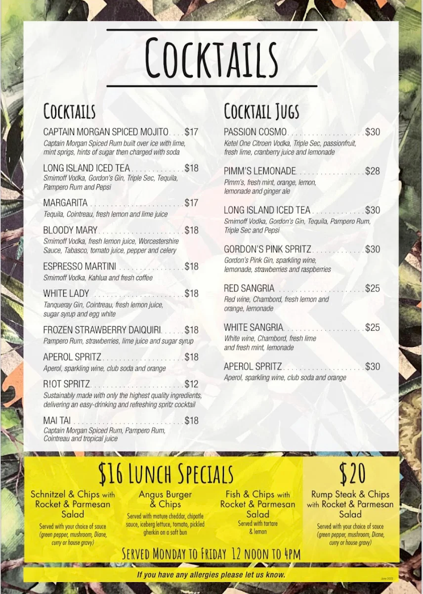 Menu, Tea Gardens Hotel