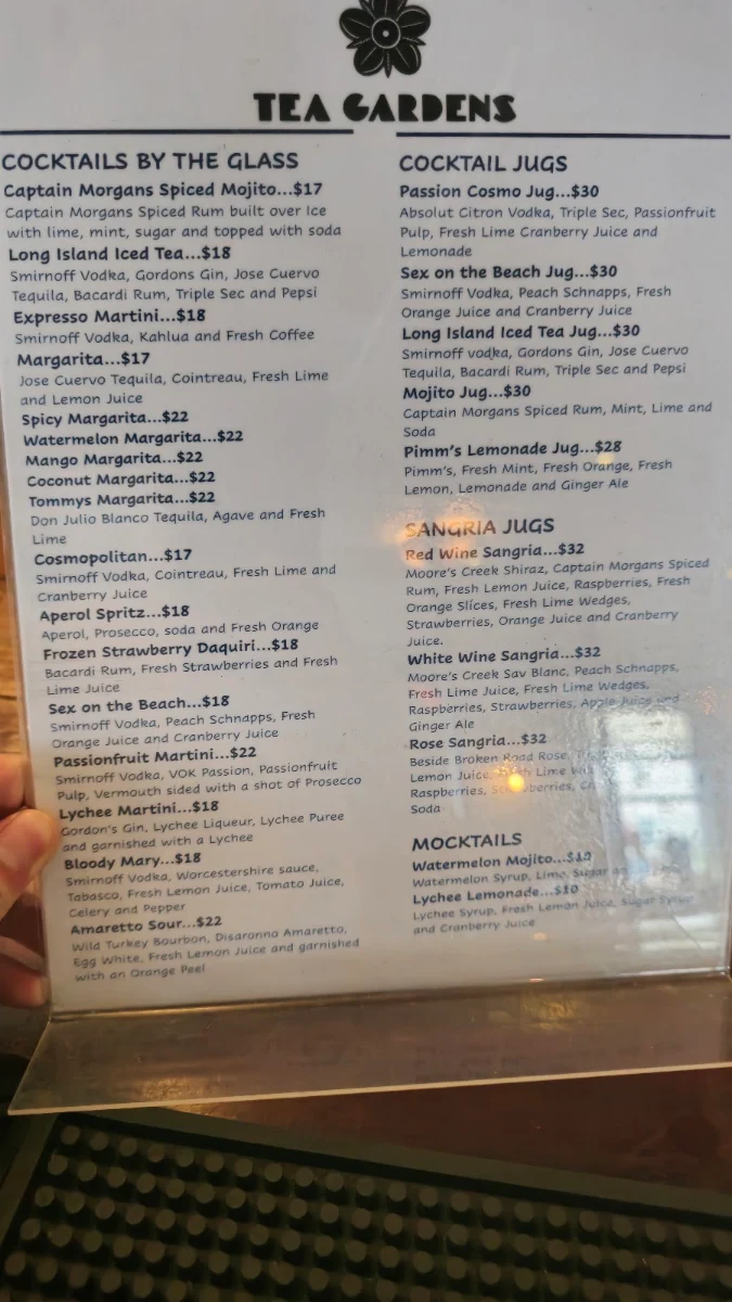 Menu, Tea Gardens Hotel