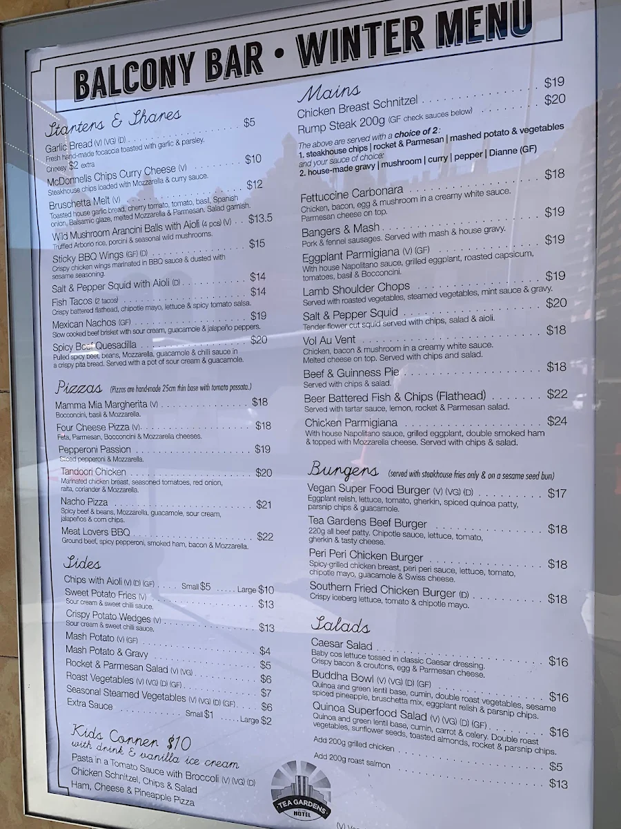 Menu, Tea Gardens Hotel