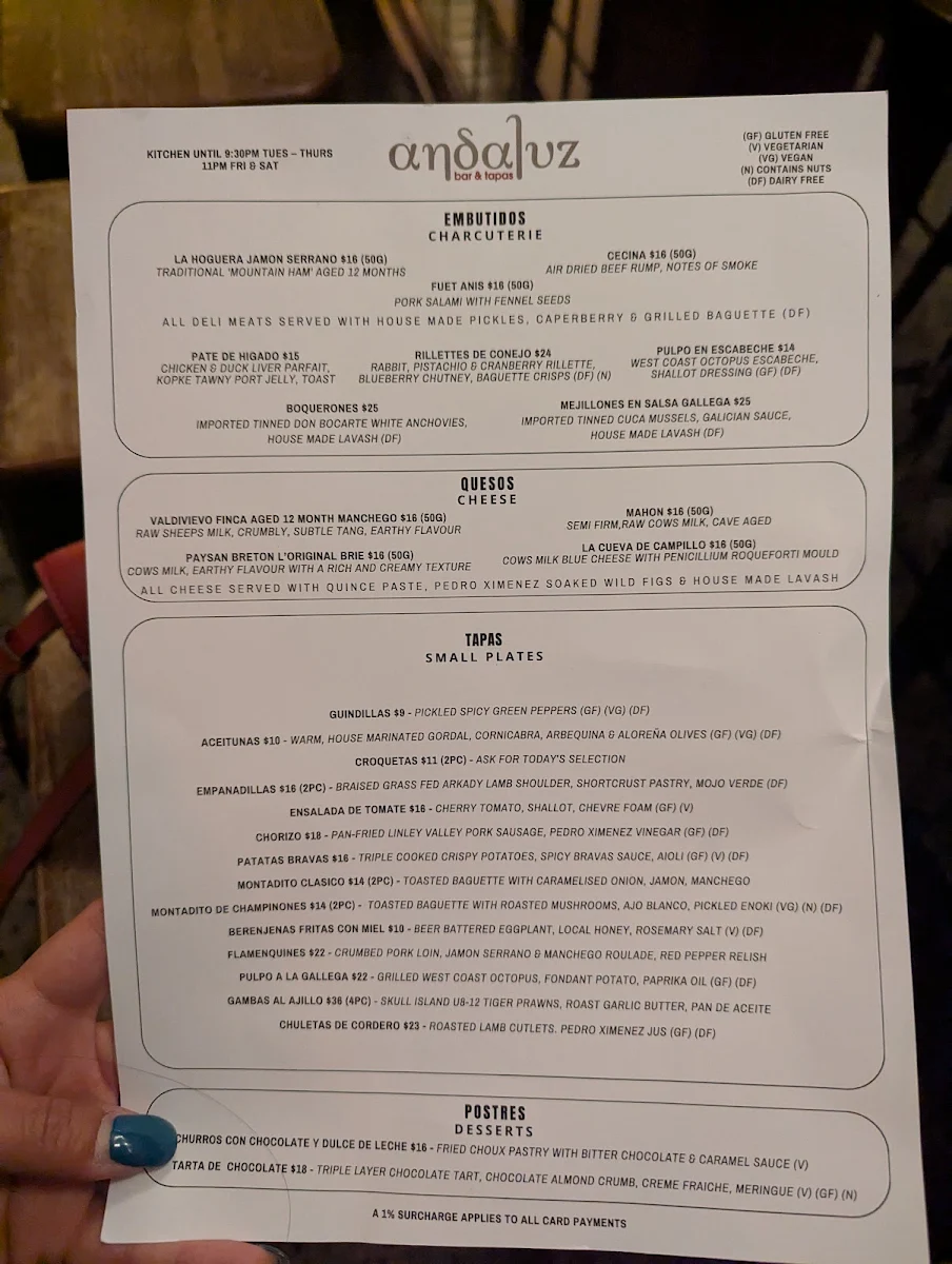 Menu, Andaluz Bar & Tapas